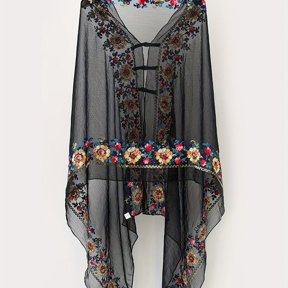 Hand-Embroidered‎ Black Clasp Shawl Semi-Sheer floral NEW beach shawl OS - Picture 2 of 2